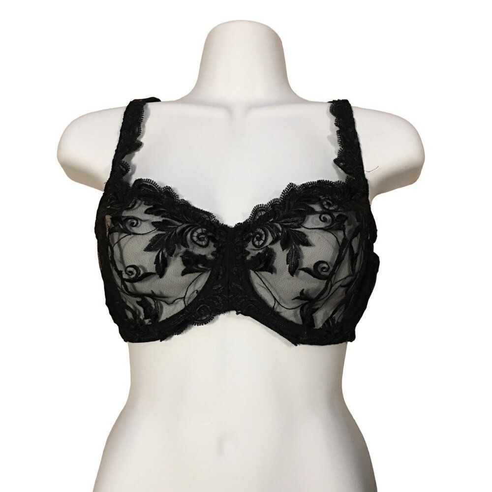 Black Lace Underwire Bra With Floral Embroidery Sheer Mesh Panels Adjustable Str